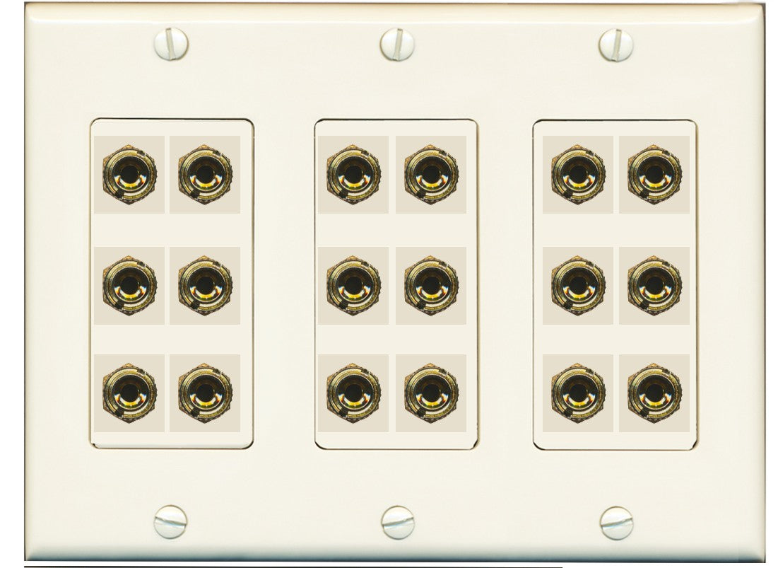 RiteAV 9.0 Surround Sound 9 Speaker 18 Banana Plug Jack Wall Plate Female Connectors - 3 Gang [Light Almond]