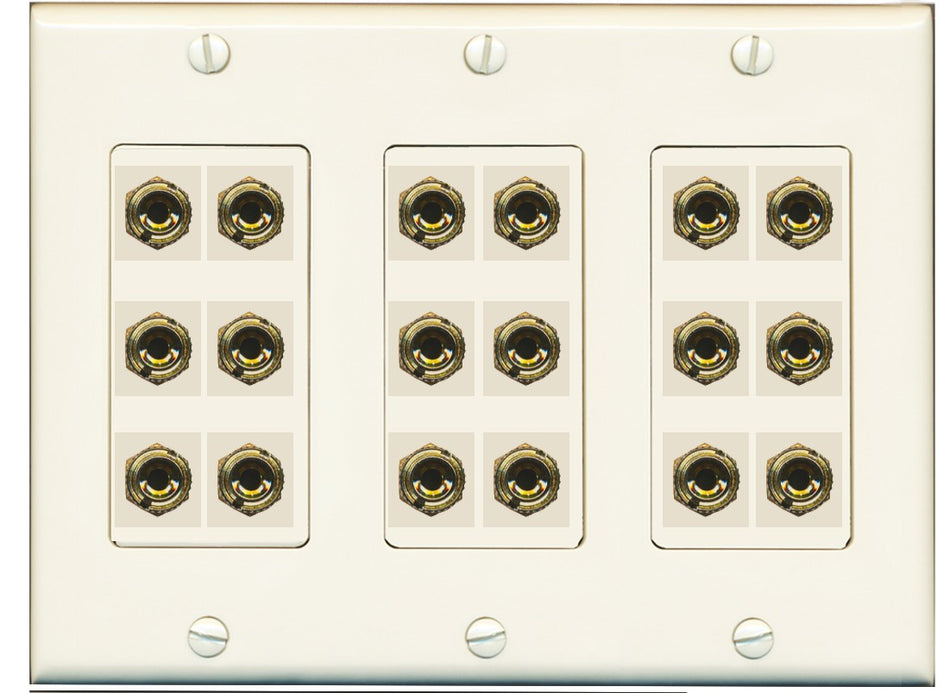 RiteAV 9.0 Surround Sound 9 Speaker 18 Banana Plug Jack Wall Plate Female Connectors - 3 Gang [Light Almond]