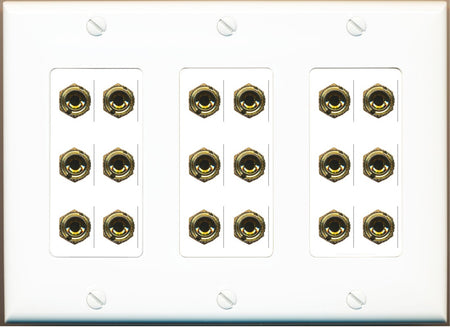 RiteAV 9.0 Surround Sound 9 Speaker 18 Banana Plug Jack Wall Plate Female Connectors - 3 Gang [White]