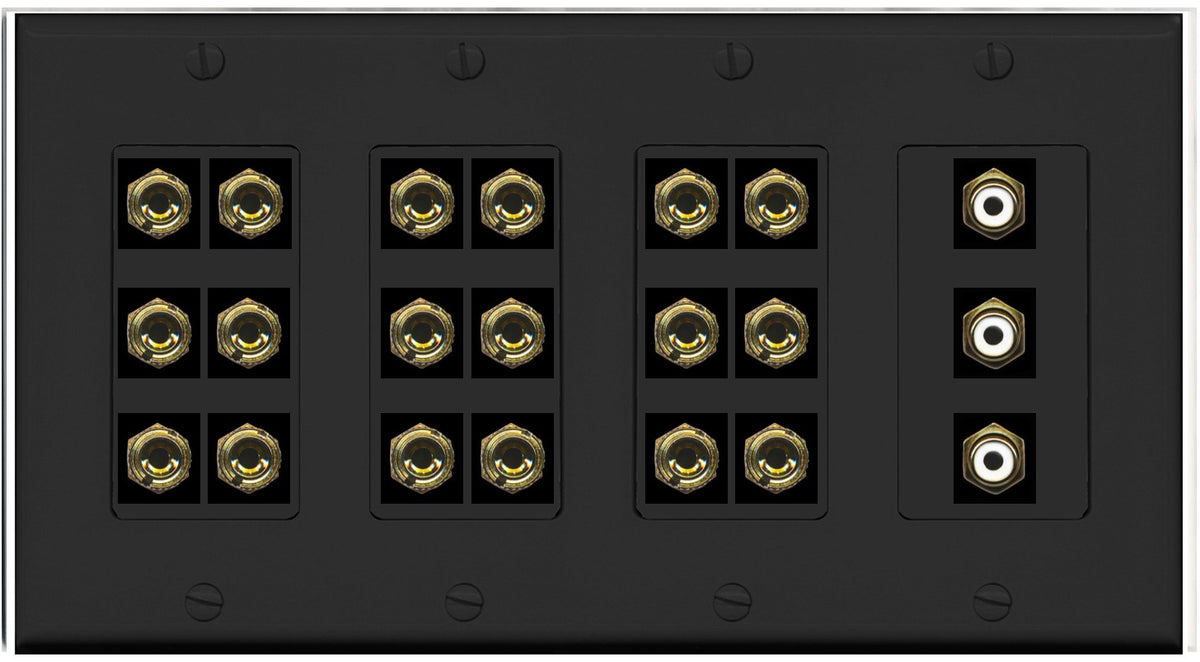 RiteAV 9.3 Surround Sound 9 Speaker 18 Banana Plug Jack Wall Plate w/3 RCA Subwoofer Female Connectors - 4 Gang [Black]