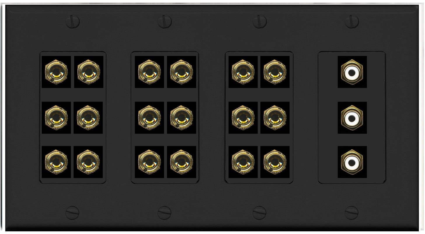 RiteAV 9.3 Surround Sound 9 Speaker 18 Banana Plug Jack Wall Plate w/3 RCA Subwoofer Female Connectors - 4 Gang [Black]