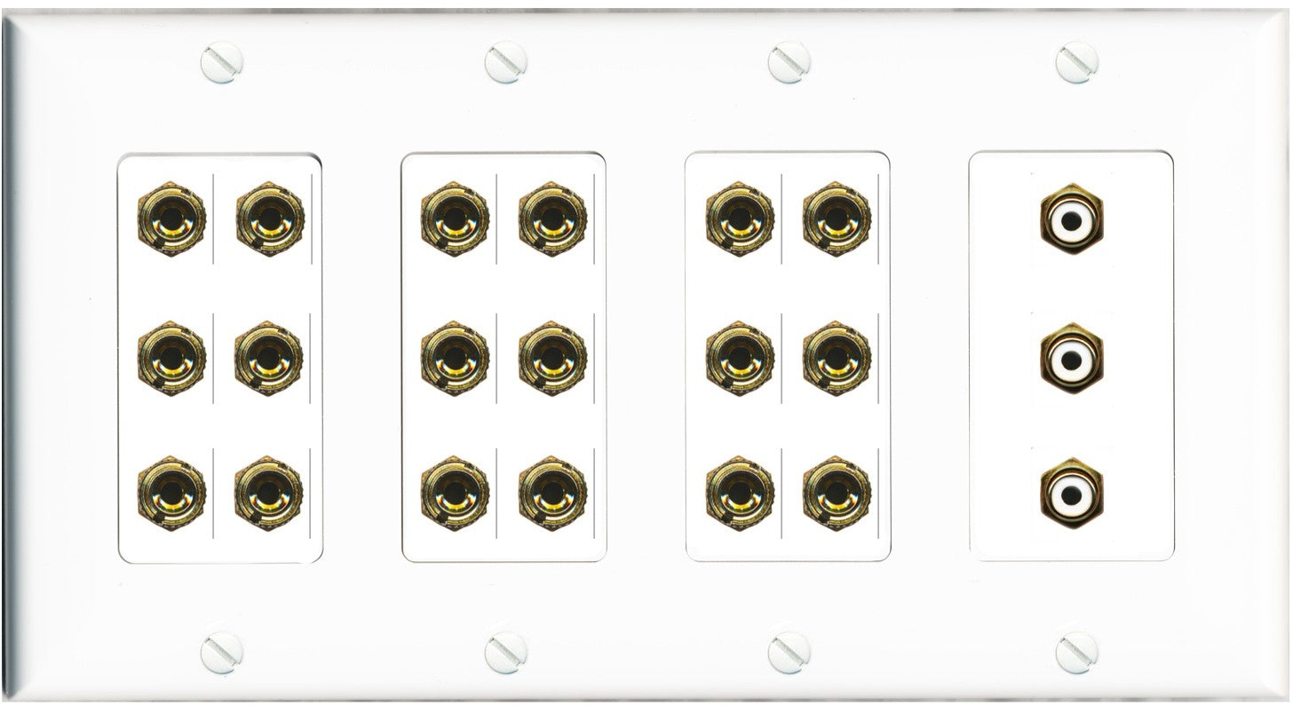 RiteAV 9.3 Surround Sound 9 Speaker 18 Banana Plug Jack Wall Plate w/3 RCA Subwoofer Female Connectors - 4 Gang [White]