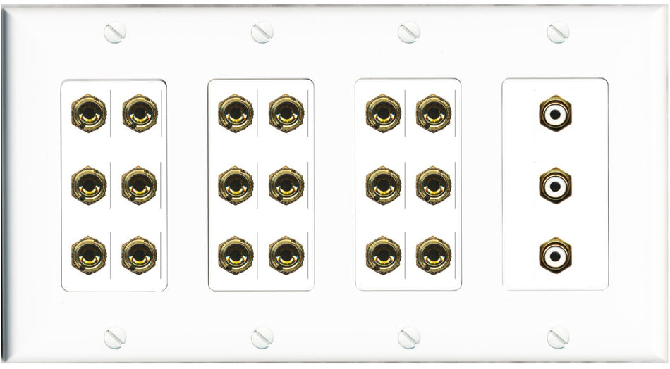 RiteAV 9.3 Surround Sound 9 Speaker 18 Banana Plug Jack Wall Plate w/3 RCA Subwoofer Female Connectors - 4 Gang [White]