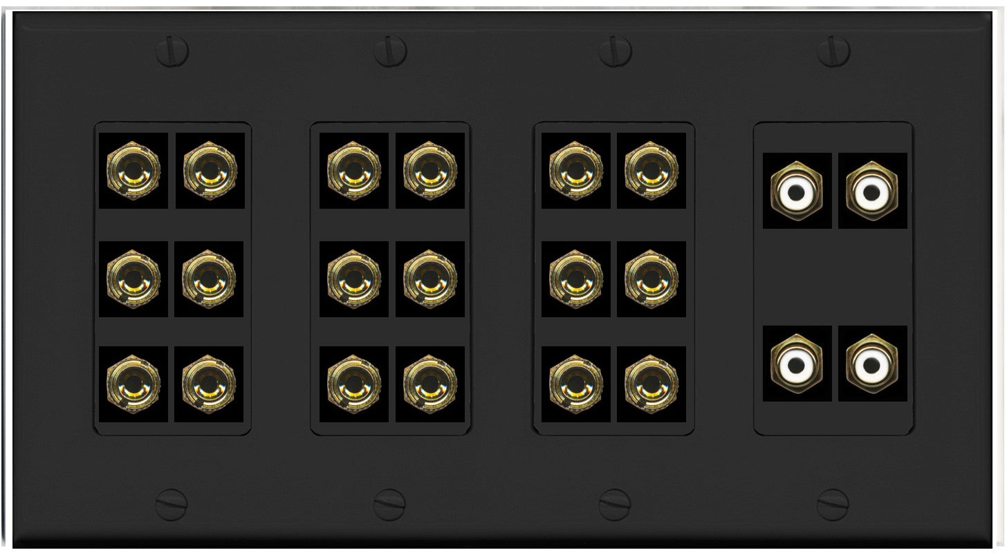 RiteAV 9.4 Surround Sound 9 Speaker 18 Banana Plug Jack Wall Plate w/4 RCA Subwoofer Female Connectors - 4 Gang [Black]