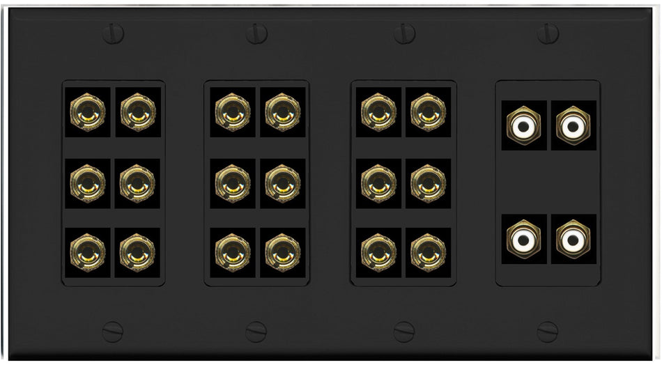 RiteAV 9.4 Surround Sound 9 Speaker 18 Banana Plug Jack Wall Plate w/4 RCA Subwoofer Female Connectors - 4 Gang [Black]