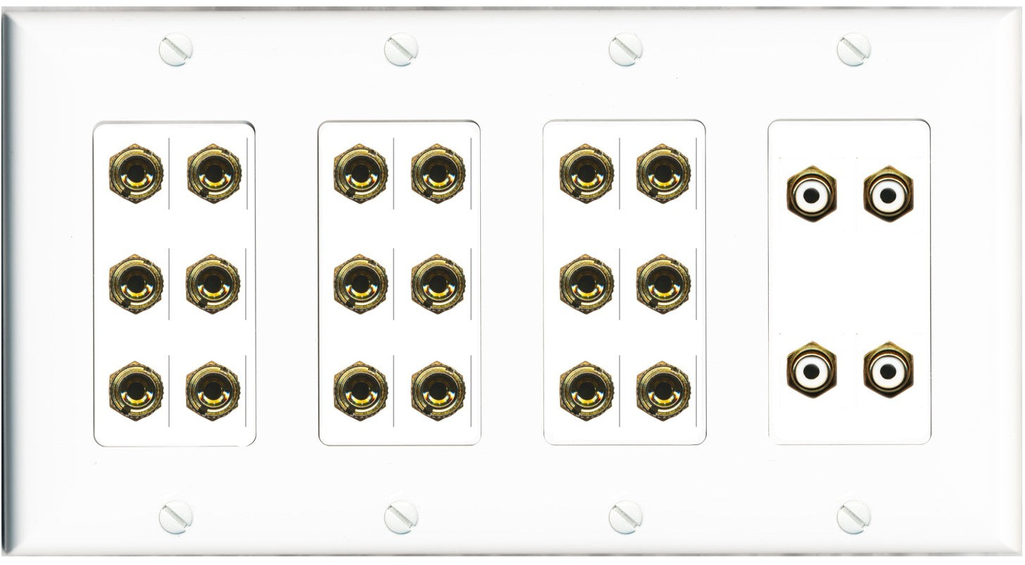 RiteAV 9.4 Surround Sound 9 Speaker 18 Banana Plug Jack Wall Plate w/4 RCA Subwoofer Female Connectors - 4 Gang [White]