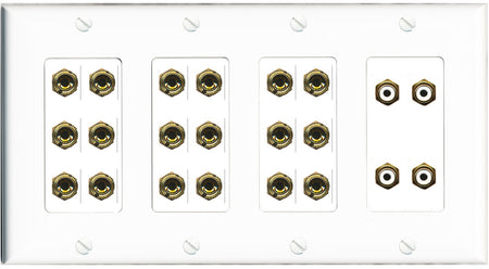 RiteAV 9.4 Surround Sound 9 Speaker 18 Banana Plug Jack Wall Plate w/4 RCA Subwoofer Female Connectors - 4 Gang [White]