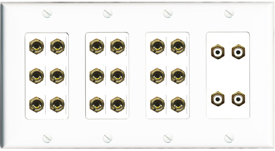 RiteAV 9.4 Surround Sound 9 Speaker 18 Banana Plug Jack Wall Plate w/4 RCA Subwoofer Female Connectors - 4 Gang [White]