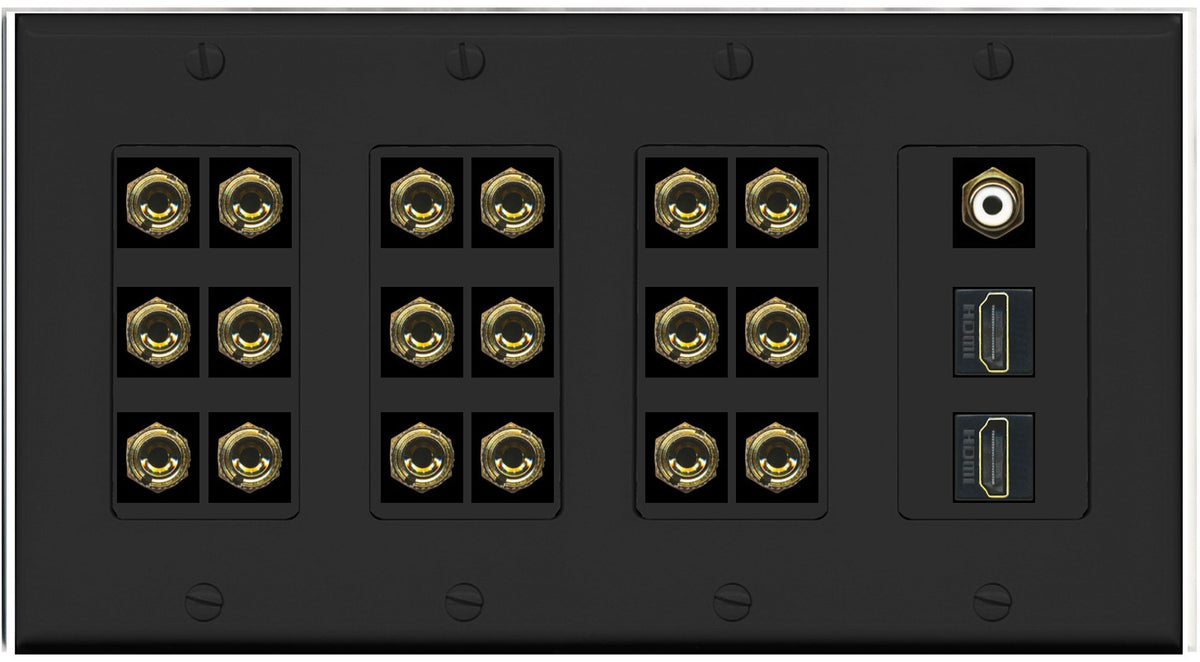 RiteAV 9.1 Surround Sound 9 Speaker 18 Banana Plug Jack Wall Plate w/RCA Subwoofer + 2 HDMI Female Connectors - 4 Gang [Black]
