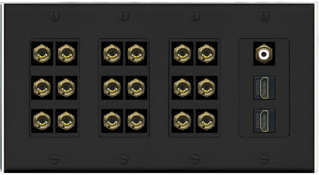 RiteAV 9.1 Surround Sound 9 Speaker 18 Banana Plug Jack Wall Plate w/RCA Subwoofer + 2 HDMI Female Connectors - 4 Gang [Black]