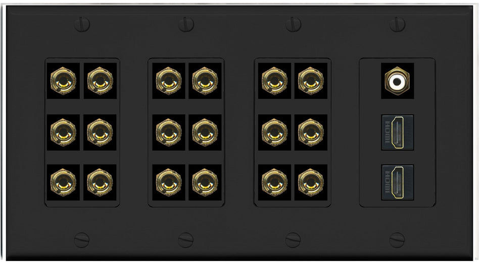 RiteAV 9.1 Surround Sound 9 Speaker 18 Banana Plug Jack Wall Plate w/RCA Subwoofer + 2 HDMI Female Connectors - 4 Gang [Black]