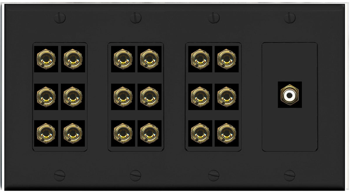 RiteAV 9.1 Surround Sound 9 Speaker 18 Banana Plug Jack Wall Plate w/RCA Subwoofer Female Connector - 4 Gang [Black]