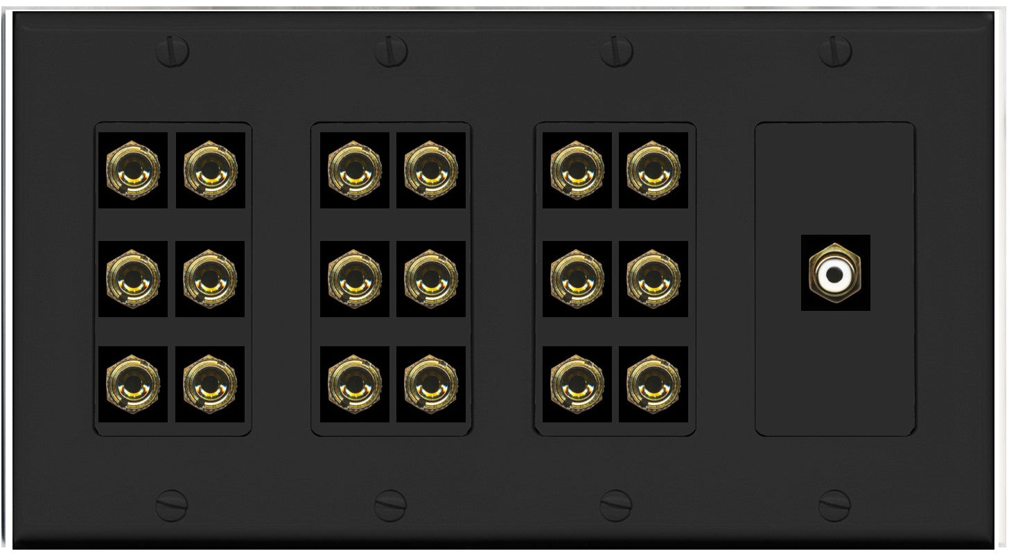 RiteAV 9.1 Surround Sound 9 Speaker 18 Banana Plug Jack Wall Plate w/RCA Subwoofer Female Connector - 4 Gang [Black]