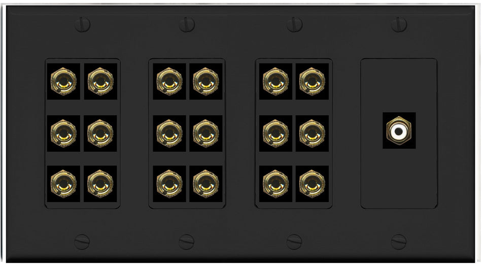 RiteAV 9.1 Surround Sound 9 Speaker 18 Banana Plug Jack Wall Plate w/RCA Subwoofer Female Connector - 4 Gang [Black]