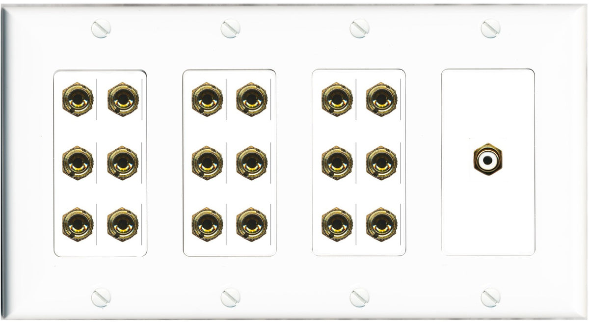 RiteAV 9.1 Surround Sound 9 Speaker 18 Banana Plug Jack Wall Plate w/RCA Subwoofer Female Connector - 4 Gang [White]