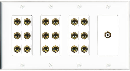 RiteAV 9.1 Surround Sound 9 Speaker 18 Banana Plug Jack Wall Plate w/RCA Subwoofer Female Connector - 4 Gang [White]