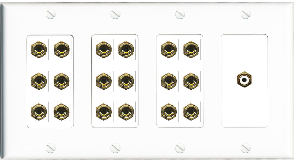 RiteAV 9.1 Surround Sound 9 Speaker 18 Banana Plug Jack Wall Plate w/RCA Subwoofer Female Connector - 4 Gang [White]