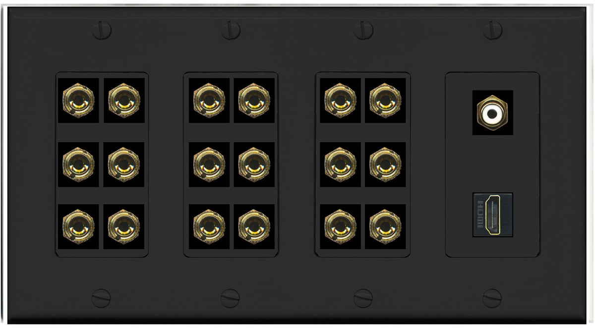 RiteAV 9.1 Surround Sound 9 Speaker 18 Banana Plug Jack Wall Plate w/RCA Subwoofer + HDMI Female Connectors - 4 Gang [Black]