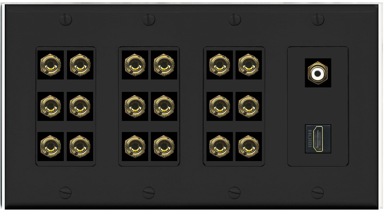 RiteAV 9.1 Surround Sound 9 Speaker 18 Banana Plug Jack Wall Plate w/RCA Subwoofer + HDMI Female Connectors - 4 Gang [Black]
