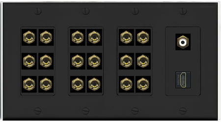 RiteAV 9.1 Surround Sound 9 Speaker 18 Banana Plug Jack Wall Plate w/RCA Subwoofer + HDMI Female Connectors - 4 Gang [Black]