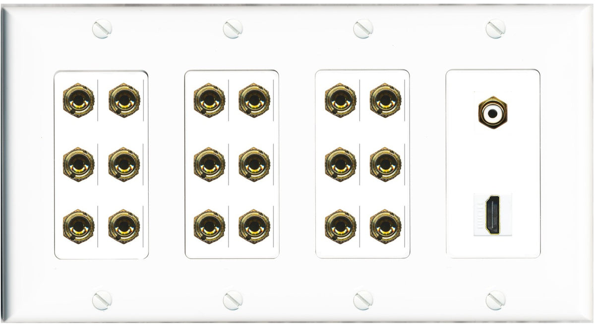 RiteAV 9.1 Surround Sound 9 Speaker 18 Banana Plug Jack Wall Plate w/RCA Subwoofer + HDMI Female Connectors - 4 Gang [White]