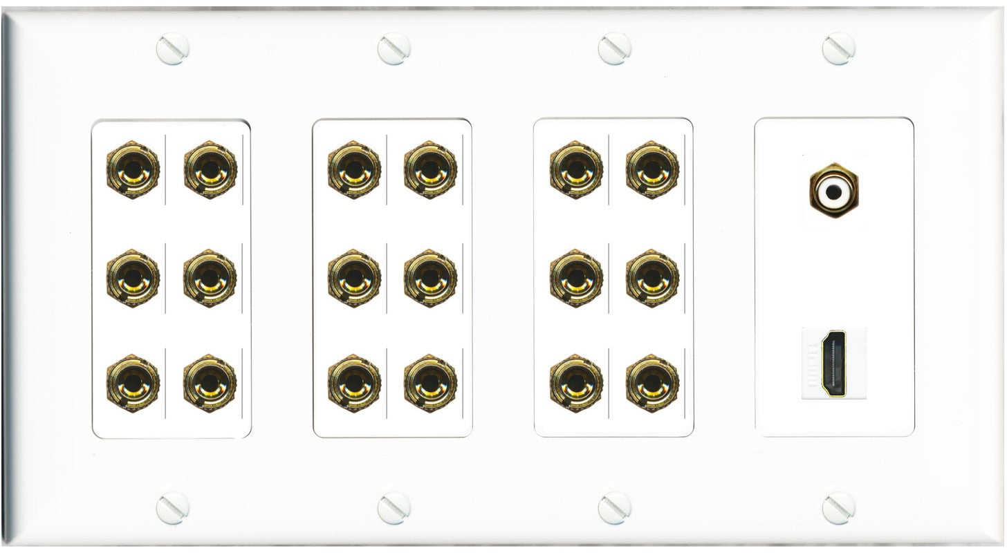 RiteAV 9.1 Surround Sound 9 Speaker 18 Banana Plug Jack Wall Plate w/RCA Subwoofer + HDMI Female Connectors - 4 Gang [White]