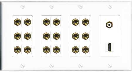 RiteAV 9.1 Surround Sound 9 Speaker 18 Banana Plug Jack Wall Plate w/RCA Subwoofer + HDMI Female Connectors - 4 Gang [White]