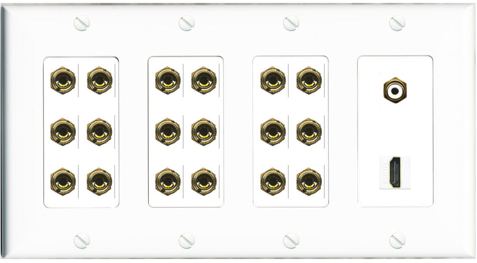RiteAV 9.1 Surround Sound 9 Speaker 18 Banana Plug Jack Wall Plate w/RCA Subwoofer + HDMI Female Connectors - 4 Gang [White]