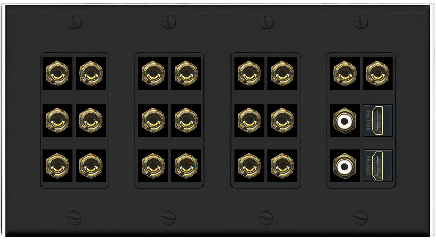 RiteAV 10.2 Surround Sound 10 Speaker 20 Banana Plug Jack Wall Plate w/2 RCA Subwoofer + 2 HDMI Female Connectors - 4 Gang [Black]