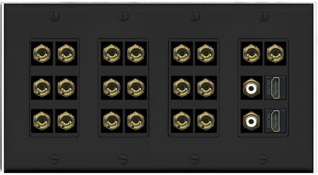 RiteAV 10.2 Surround Sound 10 Speaker 20 Banana Plug Jack Wall Plate w/2 RCA Subwoofer + 2 HDMI Female Connectors - 4 Gang [Black]