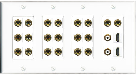 RiteAV 10.2 Surround Sound 10 Speaker 20 Banana Plug Jack Wall Plate w/2 RCA Subwoofer + 2 HDMI Female Connectors - 4 Gang [White]