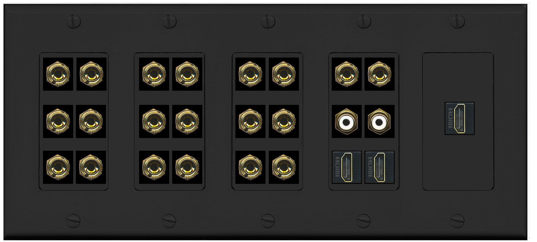 RiteAV 10.2 Surround Sound 10 Speaker 20 Banana Plug Jack Wall Plate w/2 RCA Subwoofer + 3 HDMI Female Connectors - 5 Gang [Black]