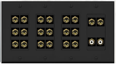 RiteAV 10.2 Surround Sound 10 Speaker 20 Banana Plug Jack Wall Plate w/2 RCA Subwoofer Female Connectors - 4 Gang [Black]