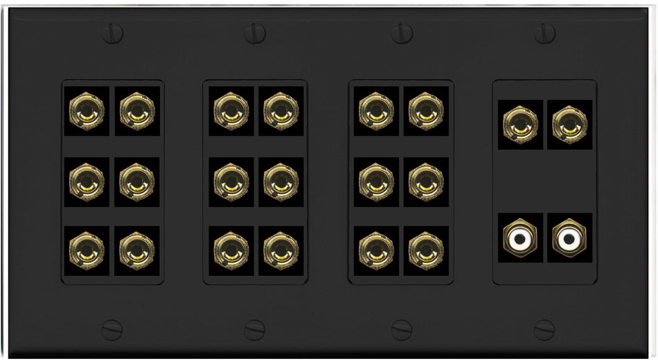 RiteAV 10.2 Surround Sound 10 Speaker 20 Banana Plug Jack Wall Plate w/2 RCA Subwoofer Female Connectors - 4 Gang [Black]