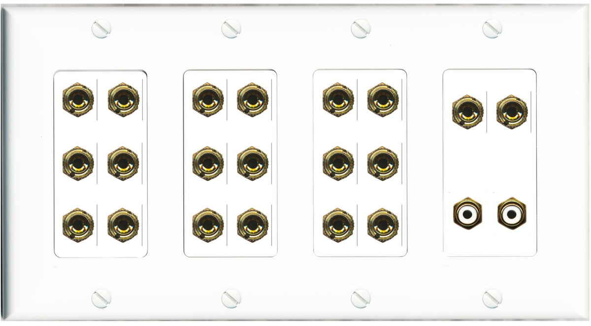 RiteAV 10.2 Surround Sound 10 Speaker 20 Banana Plug Jack Wall Plate w/2 RCA Subwoofer Female Connectors - 4 Gang [White]