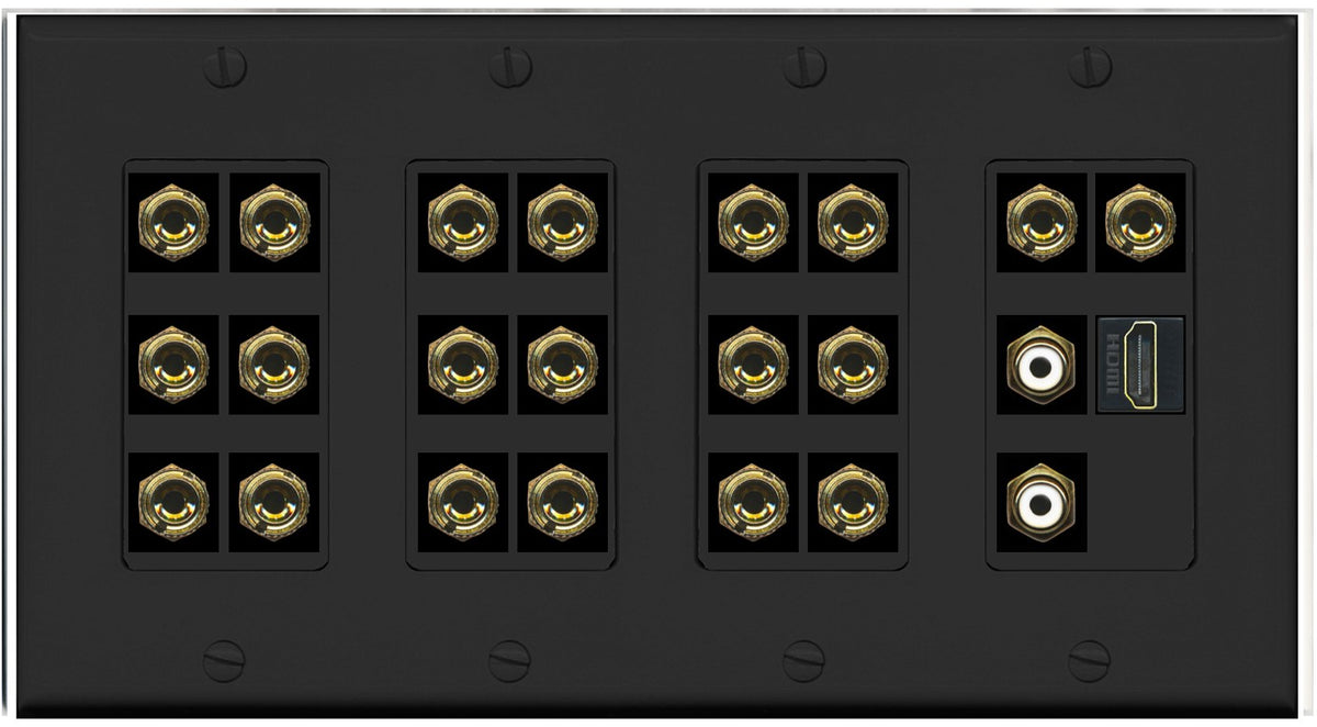 RiteAV 10.2 Surround Sound 10 Speaker 20 Banana Plug Jack Wall Plate w/2 RCA Subwoofer + HDMI Female Connectors - 4 Gang [Black]