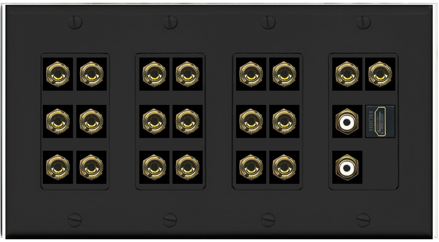 RiteAV 10.2 Surround Sound 10 Speaker 20 Banana Plug Jack Wall Plate w/2 RCA Subwoofer + HDMI Female Connectors - 4 Gang [Black]