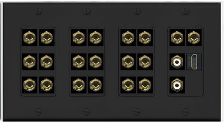 RiteAV 10.2 Surround Sound 10 Speaker 20 Banana Plug Jack Wall Plate w/2 RCA Subwoofer + HDMI Female Connectors - 4 Gang [Black]