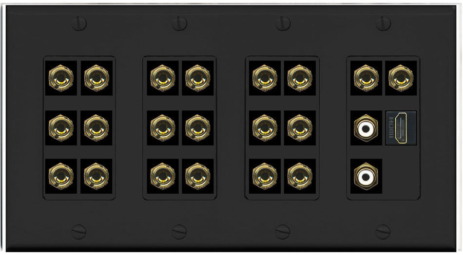 RiteAV 10.2 Surround Sound 10 Speaker 20 Banana Plug Jack Wall Plate w/2 RCA Subwoofer + HDMI Female Connectors - 4 Gang [Black]