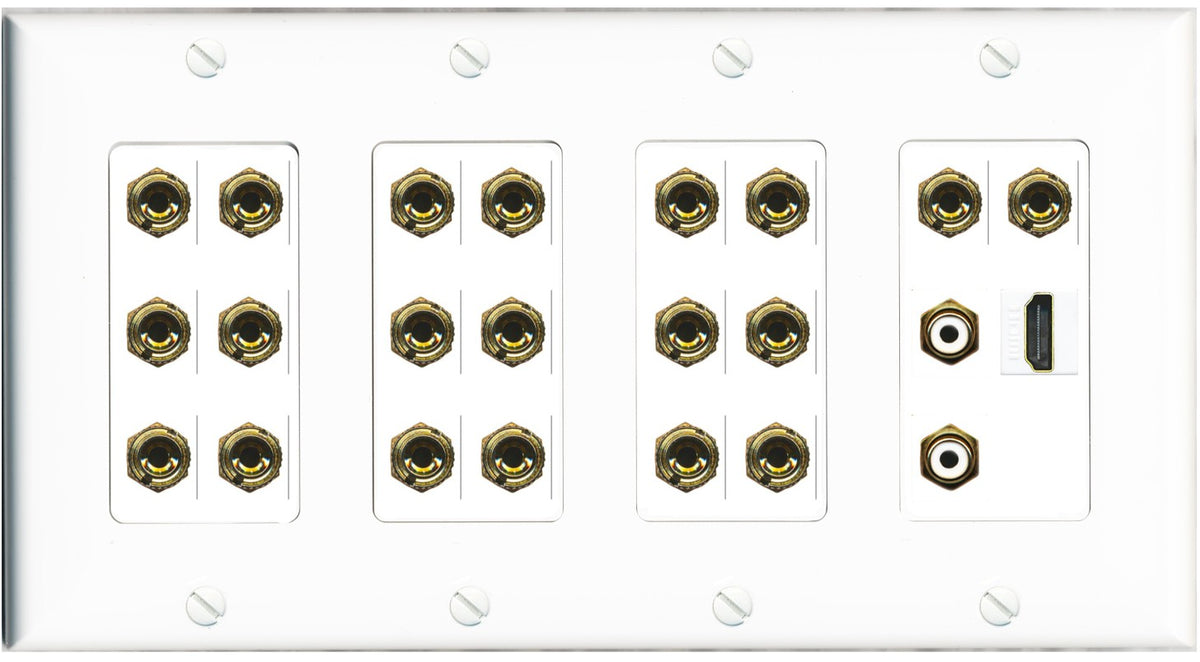 RiteAV 10.2 Surround Sound 10 Speaker 20 Banana Plug Jack Wall Plate w/2 RCA Subwoofer + HDMI Female Connectors - 4 Gang [White]