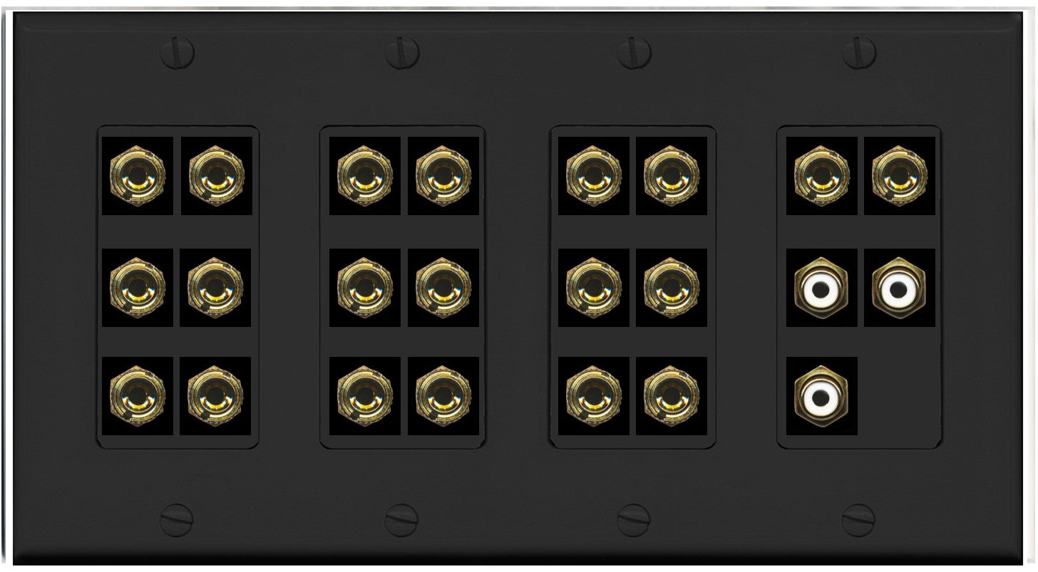 RiteAV 10.3 Surround Sound 10 Speaker 20 Banana Plug Jack Wall Plate w/3 RCA Subwoofer Female Connectors - 4 Gang [Black]