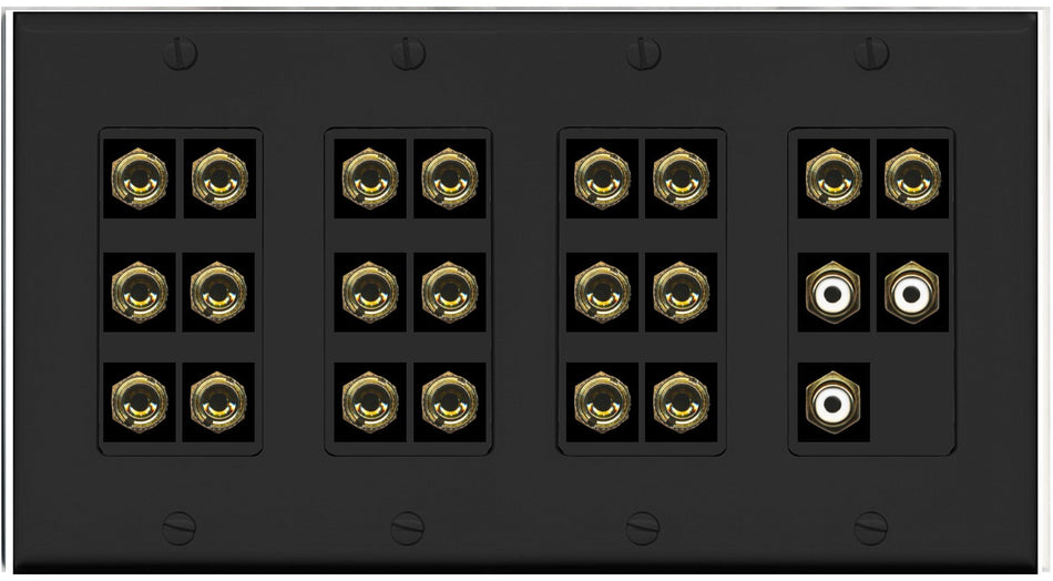 RiteAV 10.3 Surround Sound 10 Speaker 20 Banana Plug Jack Wall Plate w/3 RCA Subwoofer Female Connectors - 4 Gang [Black]