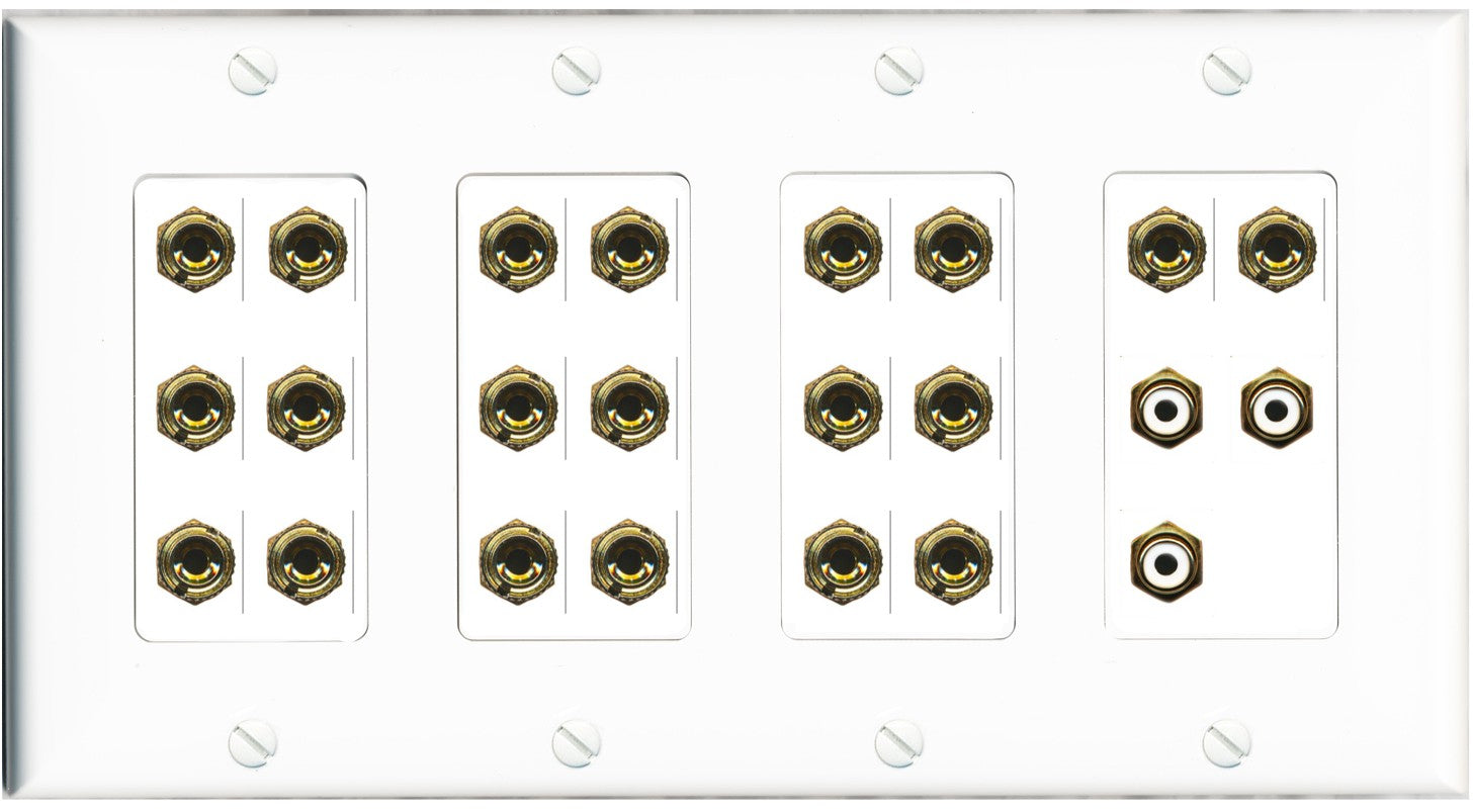 RiteAV 10.3 Surround Sound 10 Speaker 20 Banana Plug Jack Wall Plate w/3 RCA Subwoofer Female Connectors - 4 Gang [White]