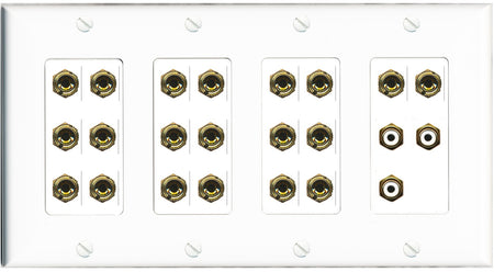 RiteAV 10.3 Surround Sound 10 Speaker 20 Banana Plug Jack Wall Plate w/3 RCA Subwoofer Female Connectors - 4 Gang [White]