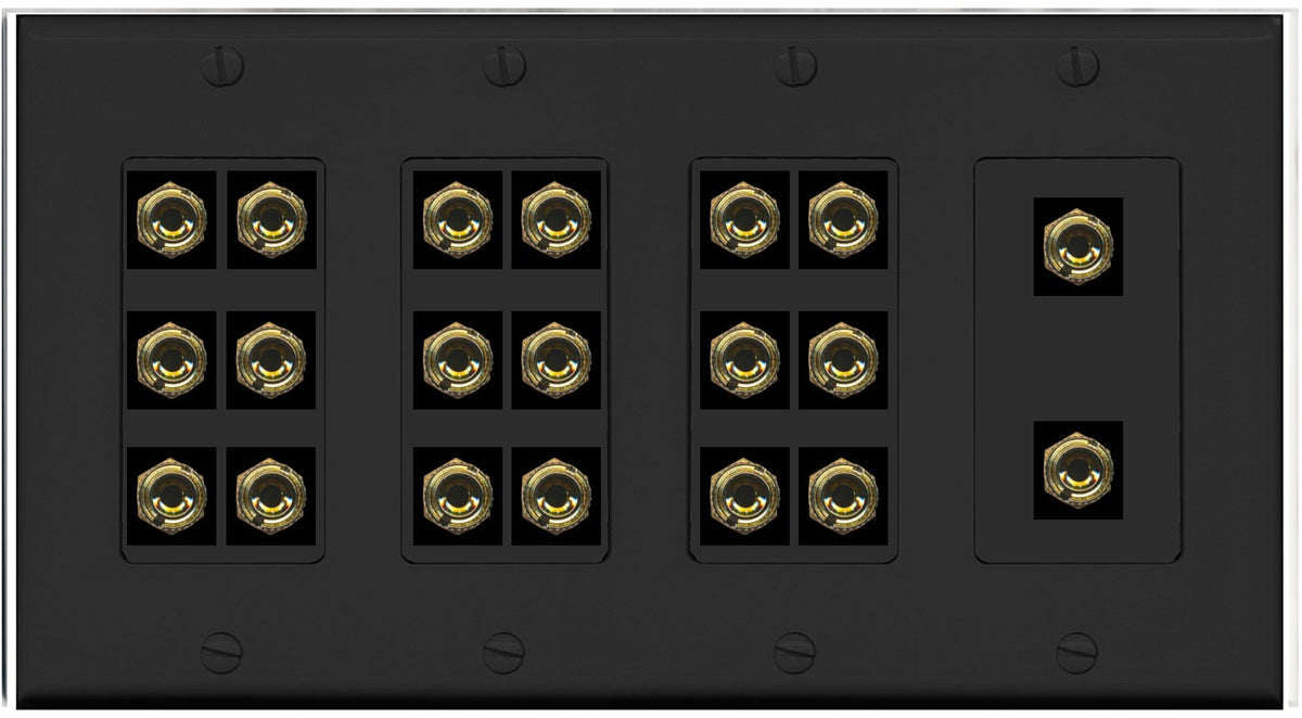 RiteAV 10.0 Surround Sound 10 Speaker 20 Banana Plug Jack Wall Plate Female Connectors - 4 Gang [Black]