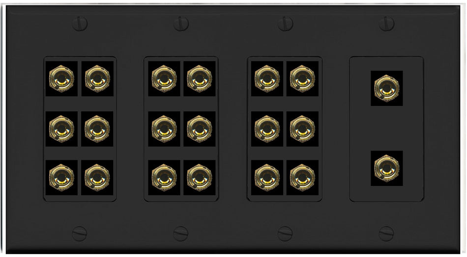 RiteAV 10.0 Surround Sound 10 Speaker 20 Banana Plug Jack Wall Plate Female Connectors - 4 Gang [Black]