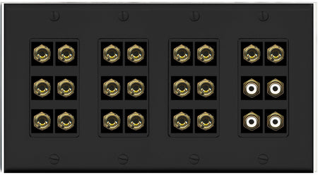 RiteAV 10.4 Surround Sound 10 Speaker 20 Banana Plug Jack Wall Plate w/4 RCA Subwoofer Female Connectors - 4 Gang [Black]