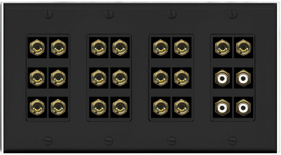 RiteAV 10.4 Surround Sound 10 Speaker 20 Banana Plug Jack Wall Plate w/4 RCA Subwoofer Female Connectors - 4 Gang [Black]