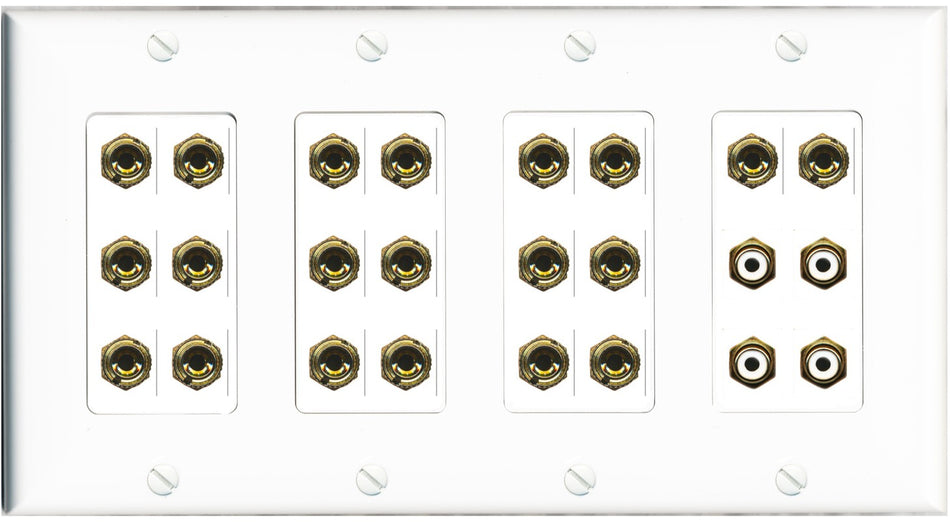 RiteAV 10.4 Surround Sound 10 Speaker 20 Banana Plug Jack Wall Plate w/4 RCA Subwoofer Female Connectors - 4 Gang [White]