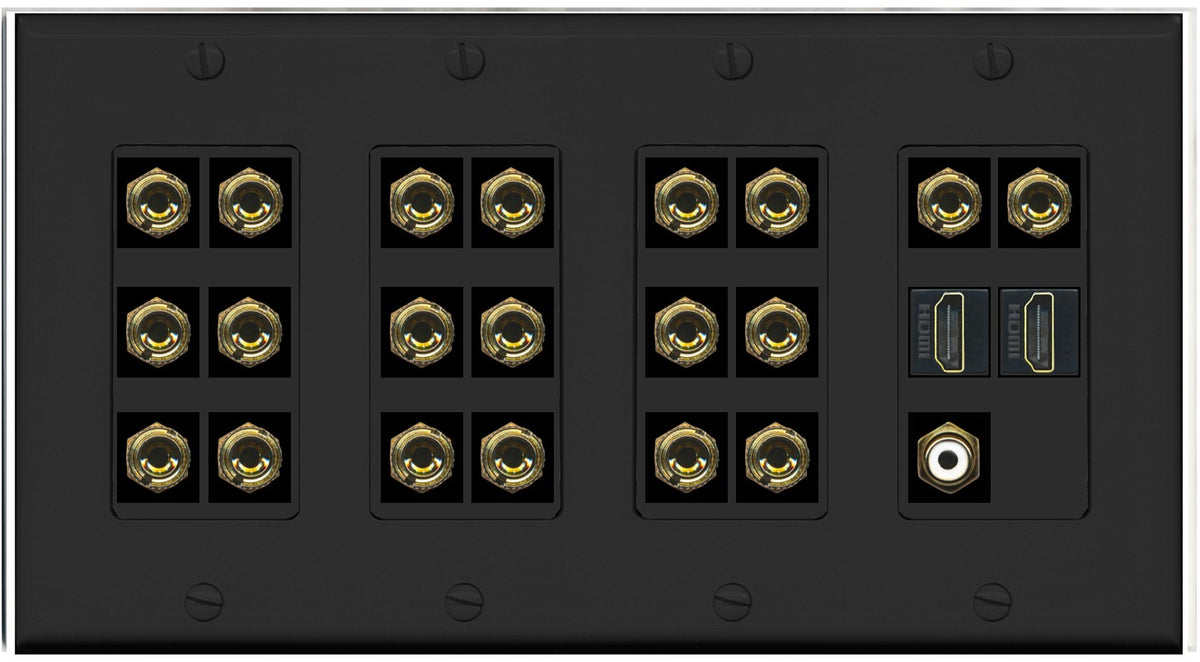 RiteAV 10.1 Surround Sound 10 Speaker 20 Banana Plug Jack Wall Plate w/RCA Subwoofer + 2 HDMI Female Connectors - 4 Gang [Black]